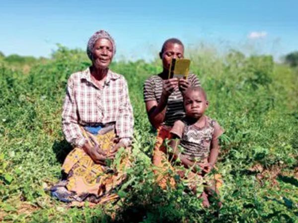 A woman and two children sitting in the grass.
