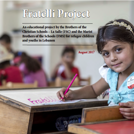 Young girl smiling at camera in a classroom with other children and text overlay "fratelli project" about education for refugees in lebanon.