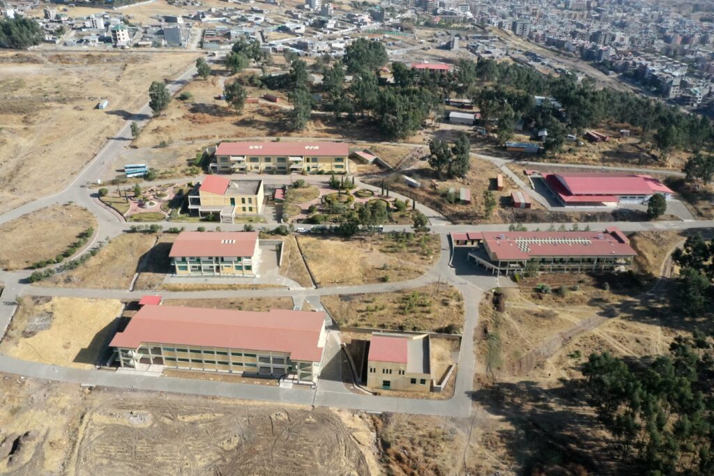 An aerial view of a town with many buildings.